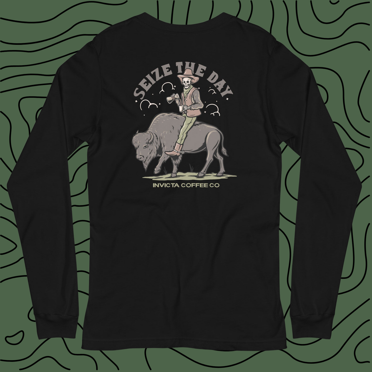 Black long sleeve shirt with skeleton riding a buffalo
