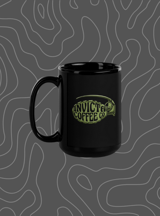 Black coffee mug with a grenade design
