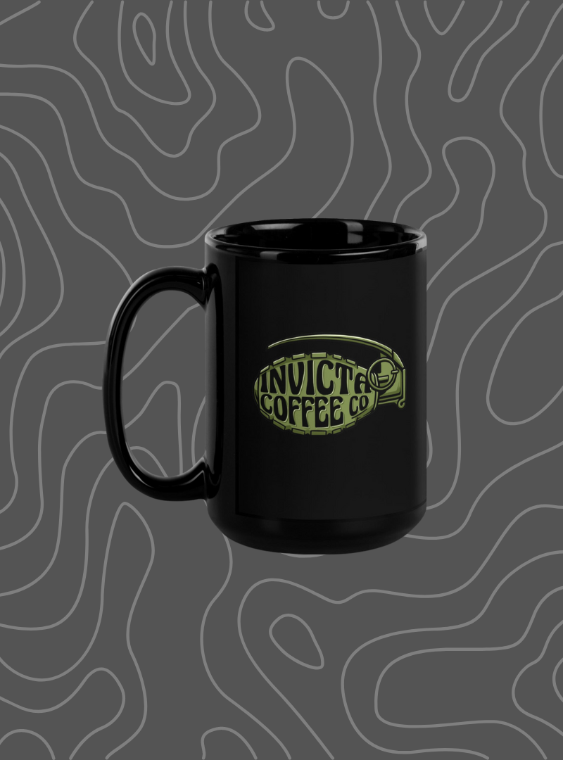 Black coffee mug with a grenade design