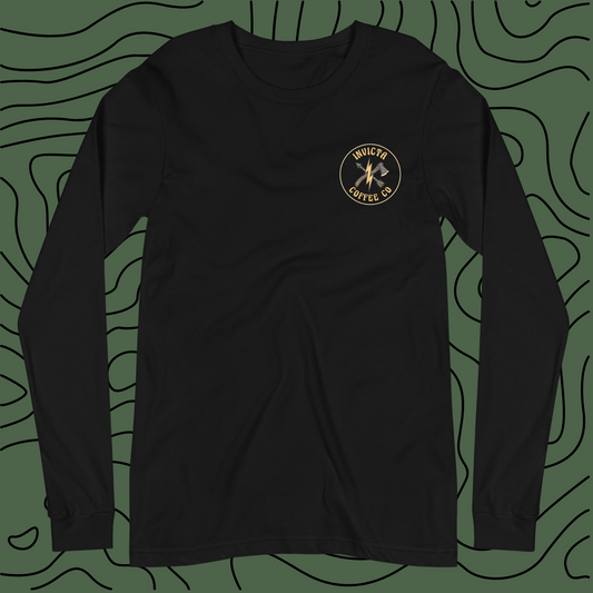 Black long sleeve t shirt featuring axe and arrow Invicta coffee  logo